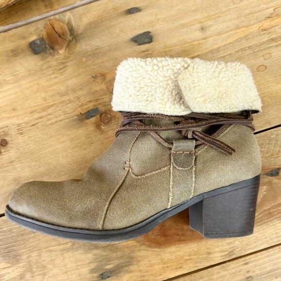 Eddie Bauer Louise Suede Boots Booties Tan Sherpa Cuff 8.5 - Picture 1 of 7